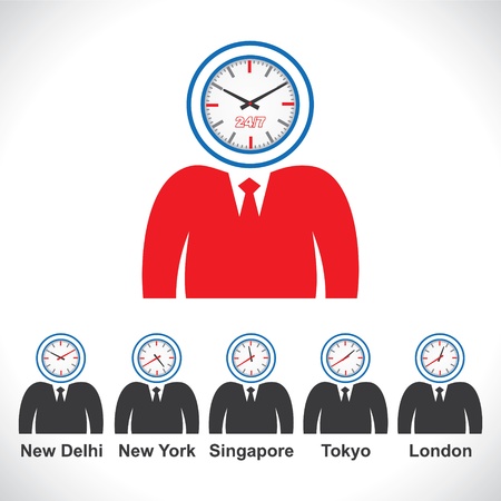 man s face showing time of different countriesのイラスト素材