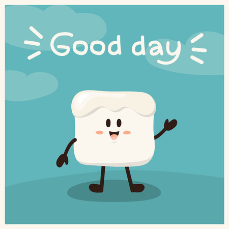 Cute marshmallow wishes a good day on a blue background. Vector tasty illustrationのイラスト素材