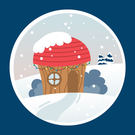 Design with a winter house on a blue background. Vector holiday illustration. New Year or Christmas vector illustration.のイラスト素材