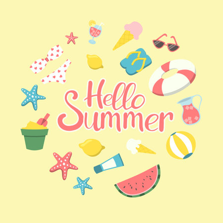 Set of summer icons. vector illustration. Summertime, scrapbooking, beachwear, ball, lemonade, starfish, rubber ringのイラスト素材
