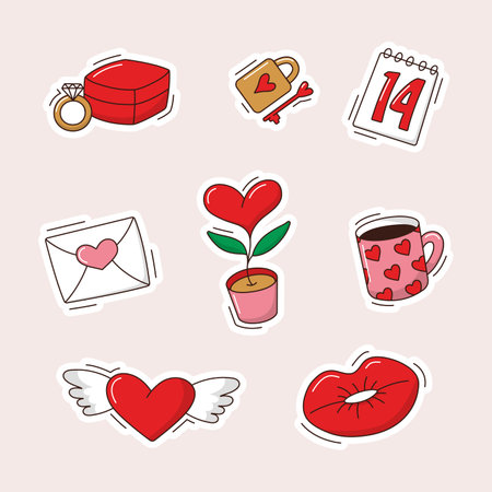 Happy Valentine's Day stickers set: hearts, kiss, diamond ring, flowers, balloons, cakes, sweets, lock of lovers, calendar love sms Vector illustrationのイラスト素材