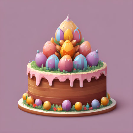Festive Easter cake with icing and chocolate eggs on a wooden plate. Colorful illustration on a purple backgroundの写真素材