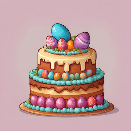 Festive Easter cake with icing and chocolate eggs on a plate. Colorful illustration on a purple backgroundの写真素材