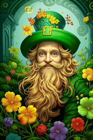 Funny typography with leprechaun hat and red beard. Illustration with purple, yellow, red flowers for St. Patricks Dayの写真素材