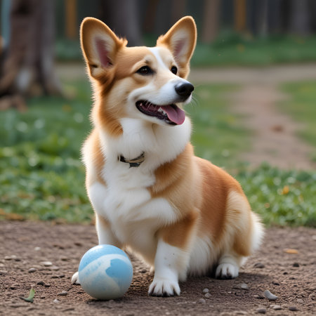 Young Pembroke Welsh Corgi dog sits on grass on summer sunny day during walk with his favorite toy, blue ballの写真素材