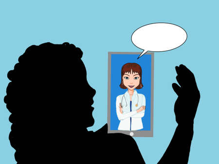 the woman silhouette talking online the woman doctor at home illustration drawingのイラスト素材