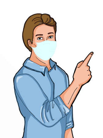 the man half body and taking mask , pointing up illustration drawingのイラスト素材