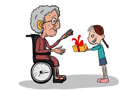 old woman characters sitting in a wheelchair line drawing and a girl giving her a giftのイラスト素材