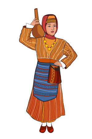 traditional woman standing and wearing turkish culture clothes illustrationのイラスト素材