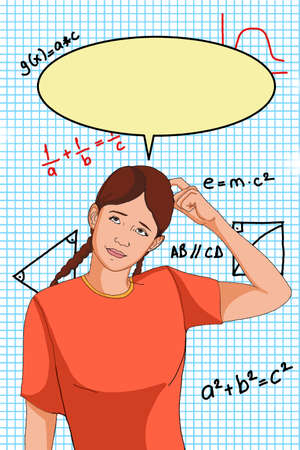 cartoon girl half body and thinking and speech bubble, education background.のイラスト素材
