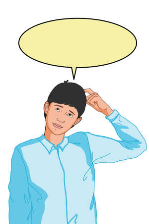 cartoon boy half body and thinking and speech bubble, white background.のイラスト素材