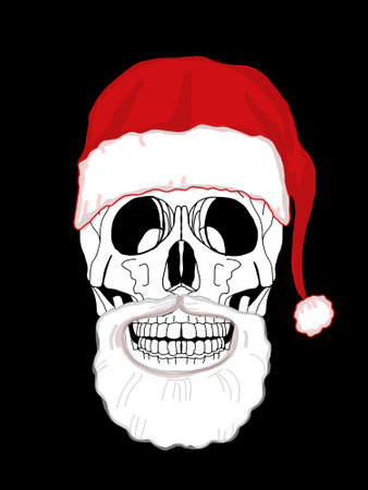 Greeting card, skull wearing christmas hat, black background.のイラスト素材