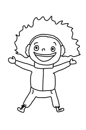 Cute cartoon girl characters with winter clothes and lie down on snow.Line art.のイラスト素材