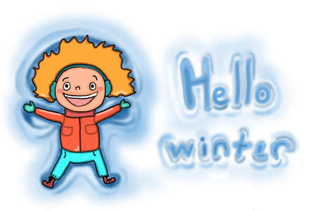 Cute cartoon girl characters with winter clothes and lie down on snow. Text area and hello winter text .Greeting card.のイラスト素材