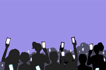 People,crowded silhouette half bodyies and lighting mobile phone illustration ,blue background.のイラスト素材