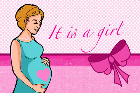 Cartoon ,pregnat woman half body silhouette, greeting card and pink polka-dot background.Pink banner,it is a girl .Cute bow.のイラスト素材