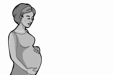 Cartoon ,pregnat woman half body silhouette, greeting card ,grey colors.Textured.のイラスト素材