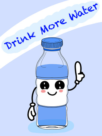 Cute, kawaii characters , water bottles, illustration drawing, drink more water text.のイラスト素材