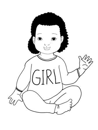 Cute ,cartoon , curly girl baby sitting ,hi five,illustration girl text clothesのイラスト素材