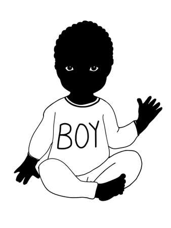Cute ,cartoon ,black curly boy baby sitting ,hi five,illustrationの写真素材