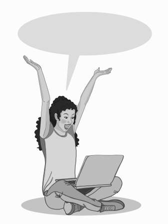 happy young, girl ,sitting , searching with laptop speech bubble,gray colorsのイラスト素材