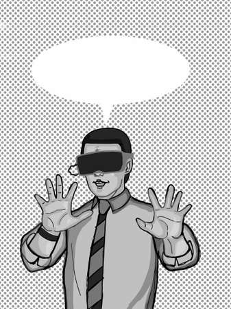 cartoon businessman half body  surprised illustration , grey colors speech bubble,wearing VR glassesのイラスト素材