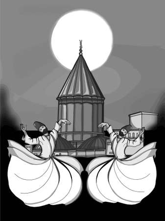 Mevlevi semazens whirling illustration drawing green shrine gray colorsのイラスト素材