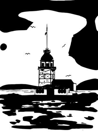 girl tower istanbul / girl tower istanbul illustration and black white colorsのイラスト素材