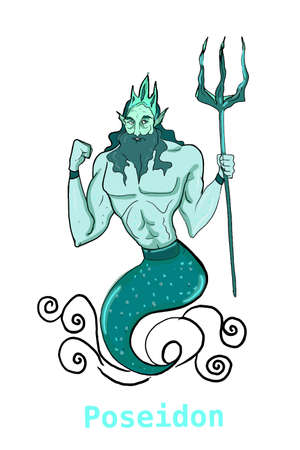 Greek mythology Gods, Poseidon,illustration ,white background,line drawing.のイラスト素材