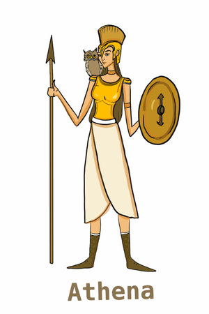Greek mythology Gods, Athena,illustration ,white background,line drawing.のイラスト素材