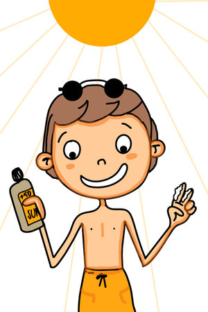 Illustration of a Kid Boy Wearing a Bikini Holding a Bottle of Sun Creamのイラスト素材