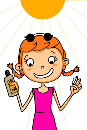 Vector illustration of a girl with a bottle of sunscreen in her handのイラスト素材