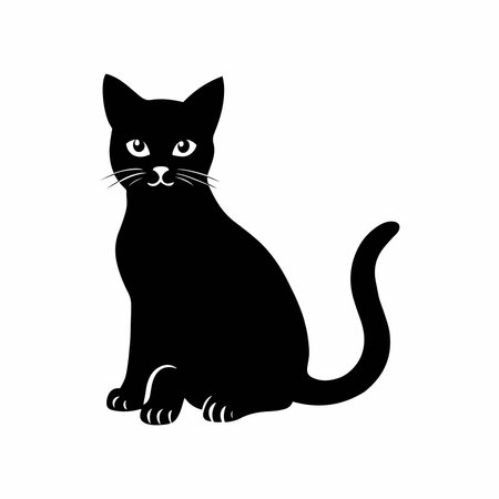 Black Cat Silhouette, Minimalist Vector Illustration of Sitting Feline. Black cat icon isolated on white background. Vector illustration.のイラスト素材