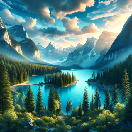 Fantastic lake in the mountains at sunset. 3d render landscape backgroundの写真素材