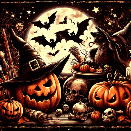 Halloween background with pumpkins, bats, spiders and witch.の写真素材