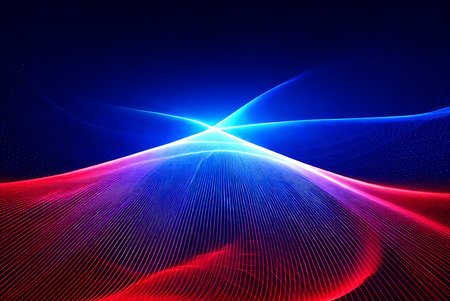 Abstract Digital Waves of Light and Color. Abstract background with lines. Abstract background with blue and red lines and stripes on dark backgroundの写真素材