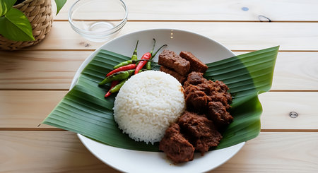 A white plate holds white rice, beef rendang, tempeh, and red and green chili peppers on a banana leaf.の素材