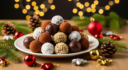 A pile of assorted chocolate truffles on a white plate, surrounded by pine cones, branches, and festive Christmas ornaments.の素材