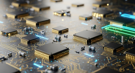 A detailed close-up view of a complex circuit board featuring multiple black microchips with prominent gold pins. The board has intricate golden circuit pathways and is illuminated by glowing blue and green lines, suggesting data flow or energy. Small electronic components like resistors are also visible. The shallow depth of field blurs the background, emphasizing the central electronic elements.の素材