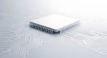 A white square microchip with numerous silver pins is positioned on a white circuit board. The circuit board features intricate white lines and small circular connection points, creating a detailed pattern. The background is a soft, bright white, with a shallow depth of field that blurs the distant circuit pathways.の素材