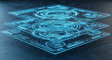 Three transparent blue screens are stacked, displaying glowing digital interfaces with circular graphs, bar charts, and data readouts. The screens are layered and angled, with a dark, textured background that resembles a circuit board. The overall mood is futuristic and technological.の素材