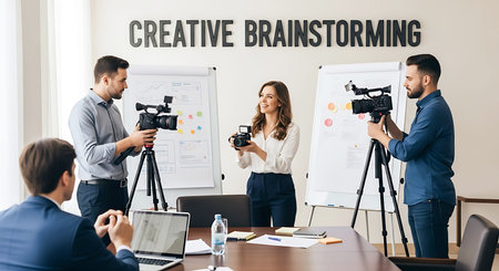Four individuals are engaged in a filming activity within a well-lit office space. Two men and one woman are actively operating video cameras mounted on tripods, positioned in front of whiteboards displaying charts and colorful sticky notes. A fourth person, a man in a suit, is seated at a wooden conference table with a laptop and a bottle of water. The word "CREATIVE BRAINSTORMING" is prominently displayed in dark, three-dimensional letters on the wall above the whiteboards.の素材