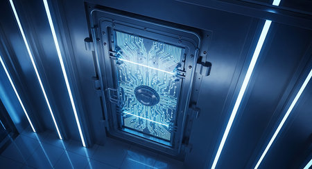 A heavy metallic vault door is illuminated by bright blue neon lights running vertically along the walls. The door itself features a large, intricate glowing blue circuit board pattern with a circular lock mechanism in the center. The floor is tiled and reflects the blue light.の素材