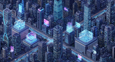 An isometric view of a futuristic city at night, dominated by dark skyscrapers illuminated with vibrant blue and purple neon lights. Digital data streams in glowing blue lines crisscross the cityscape, connecting buildings and forming intricate networks. Several buildings feature large, transparent holographic projections displaying complex digital patterns and circuits, suggesting advanced technology and data processing. The overall mood is one of technological advancement and interconnectedness.の素材