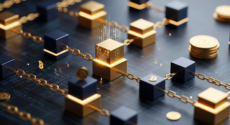 A 3D render depicts a blockchain network with interconnected gold and dark blue cubes. A central gold cube features intricate digital circuitry and a Bitcoin symbol, glowing with light. Golden chains link the cubes, symbolizing the network's structure. Stacks of gold Bitcoin coins and scattered coins are visible, along with subtle digital patterns on a dark background.の素材