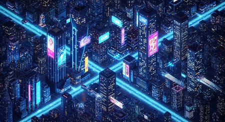 An aerial view of a futuristic city at night. Tall skyscrapers are illuminated with numerous windows and glowing neon signs in various colors including pink, blue, and yellow. Bright blue light trails crisscross the cityscape, suggesting rapid transportation or data flow. The overall mood is dark and vibrant, with a strong emphasis on artificial light and a sense of advanced technology.の素材