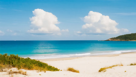 Bright white sand beach meets vibrant turquoise ocean under a clear blue sky with fluffy white clouds. Green hills rise in the distance.の素材