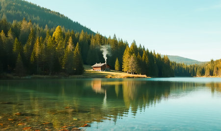 A wooden cabin sits on the shore of a clear alpine lake, reflecting the blue sky and surrounding pine forest.の素材