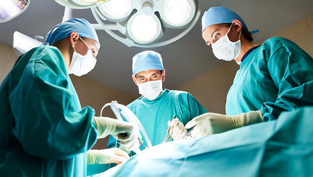 Three medical professionals in blue caps and green scrubs wearing masks and gloves perform surgery under bright overhead lights in an operating room.の素材