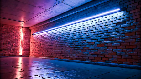 Moody interior with rough brick walls illuminated by bright blue and orange neon lights. Reflections shimmer on the dark, tiled floor.の素材